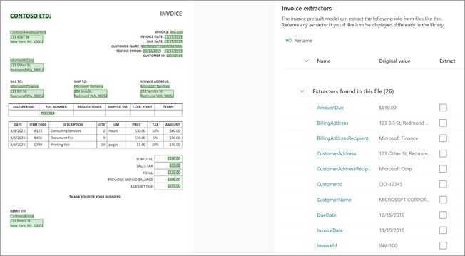 Screenshot der Detailseite des Extraktors und des Bereichs 