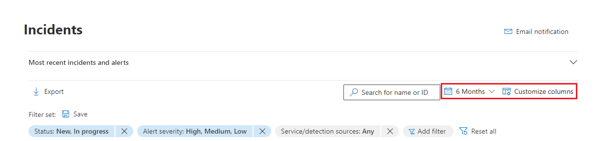Screenshot: Filter- und Spaltensteuerelemente für Incidentseiten