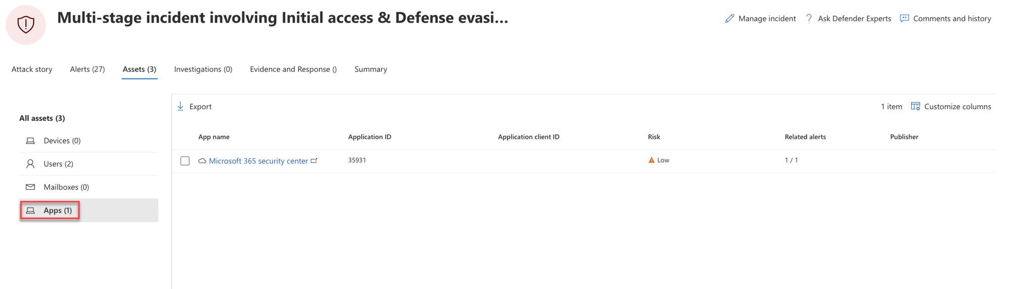 Die Seite Apps für einen Incident im Microsoft 365 Defender-Portal.