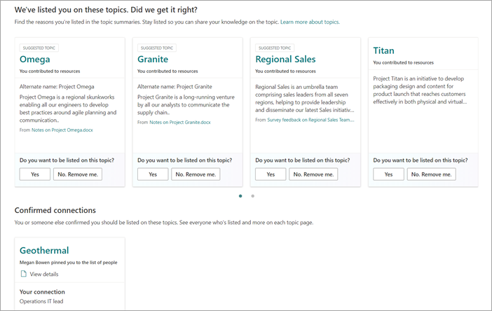 Beispiel für ein Themencenter, das vorgeschlagene Themen anzeigt, damit der Benutzer seine Verbindung mit vorgeschlagenen Themen bestätigen oder entfernen kann.