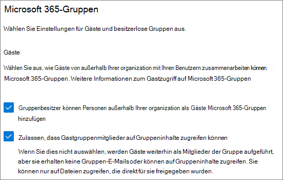 Screenshot: Gasteinstellungen für Microsoft 365-Gruppen im Microsoft 365 Admin Center.