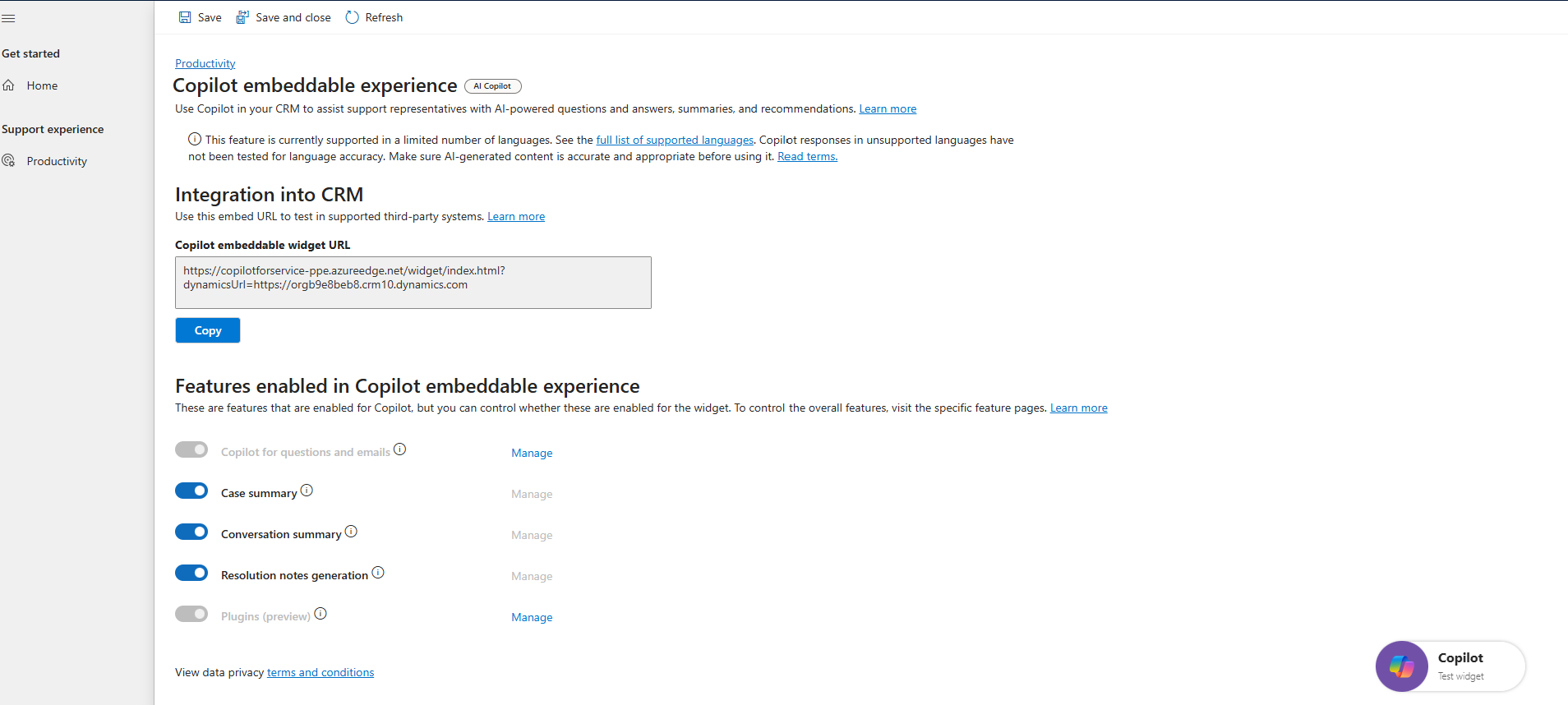 Screenshot des Bildschirms des einbettbaren Widget-Administrators in Copilot for Service.