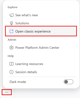 Screenshot des Dreipunktmenüs auf der Copilot Studio-Startseite mit der markierten Option, zur klassischen Oberfläche zu wechseln.