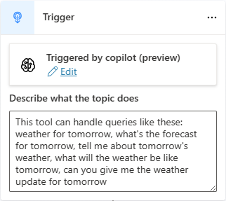 Triggerknoten mit einer Beschreibung für ein Thema in einem Copiloten mit generativer Orchestrierung von Themen und Aktionen.