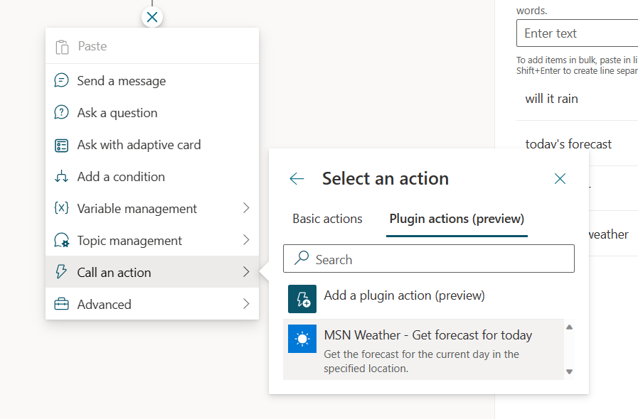 Screenshot des geöffneten neuen Knotenmenüs und der ausgewählten Wetter-Plug-In-Aktion.