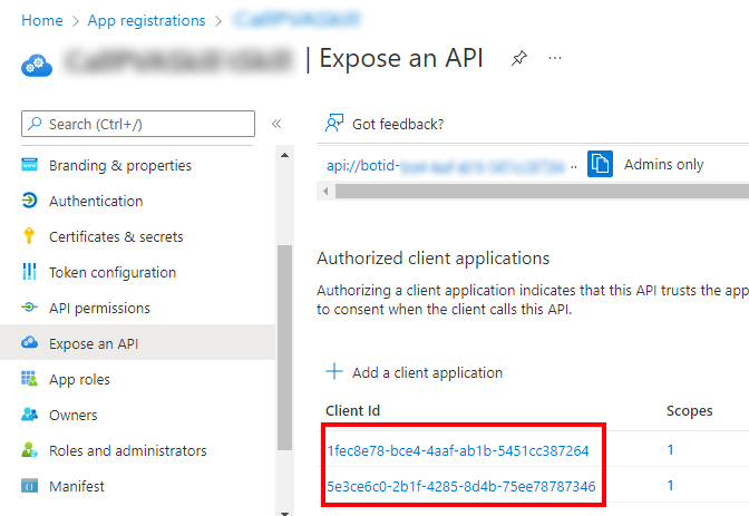 Screenshot der Seite Expose an API, auf der die Client IDs von Microsoft Teams korrekt aufgelistet sind.