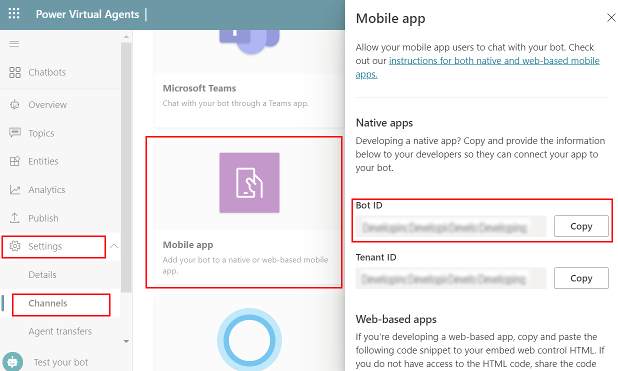 Die Copilot-ID wird auf der Konfigurationsseite des Kanals der mobilen App angezeigt.