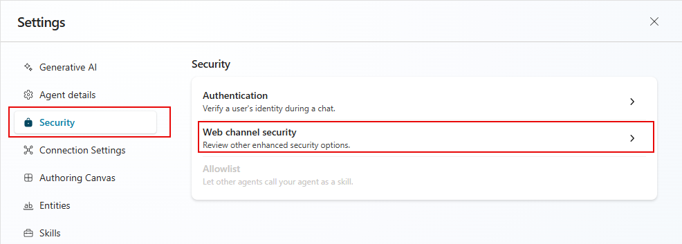 Screenshot der im Einstellungs-Flyout hervorgehobenen Webkanal-Sicherheit.