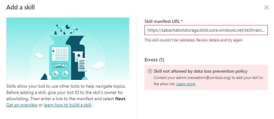 Screenshot des Bereichs „Fertigkeit hinzufügen“ in Microsoft Copilot Studio mit den Fehlern, die auftreten, wenn Fertigkeiten durch die DLP-Richtlinie verboten sind.