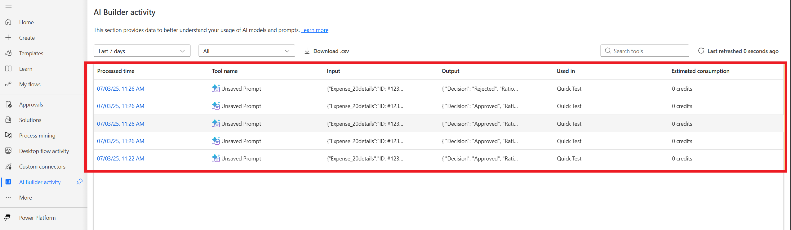 Screenshot des Promptgenerator-Aktivitätsbildschirms mit Details zu KI-Phasenausführungen, einschließlich Eingaben und Ausgaben