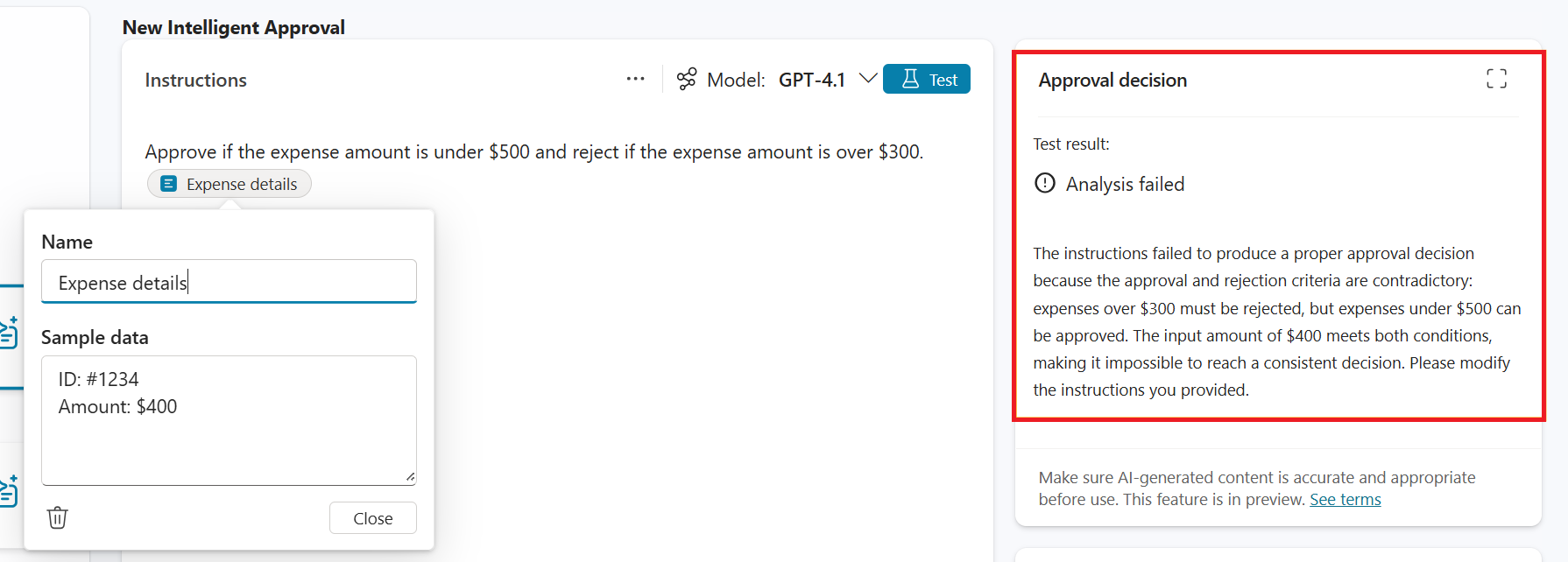 Screenshot einer KI-Phase, die eine Analysefehlerantwort aufgrund widersprüchlicher Genehmigungskriterien zurückgibt.