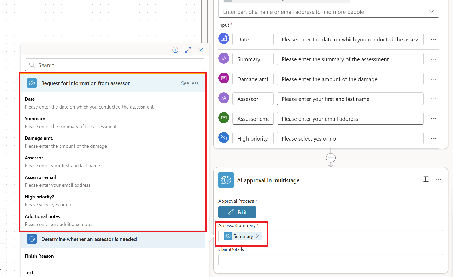 Screenshot der Verwendung von Parametern aus der Informationsanfrage in einer KI-Genehmigungsaktion