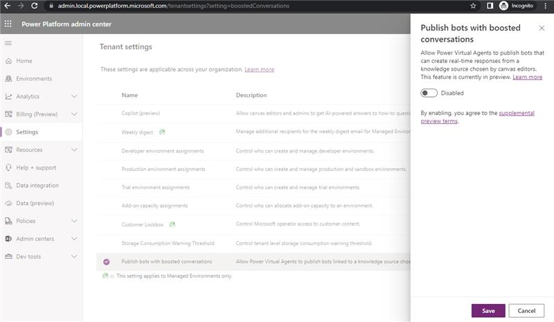 Screenshot der Deaktivieren-Option in Microsoft Copilot Studio.