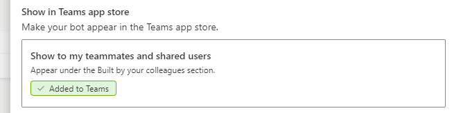 Das Flyout zeigt, dass der Bot zu Teams hinzugefügt wurde.