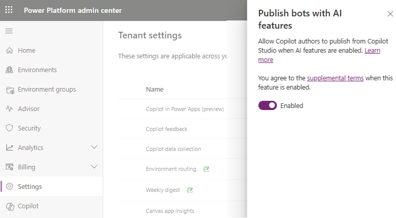 Screenshot des Power Platform Admin Centers mit der Option zum Deaktivieren der Möglichkeit zum Veröffentlichen von Agenten, die generative KI-Features verwenden.