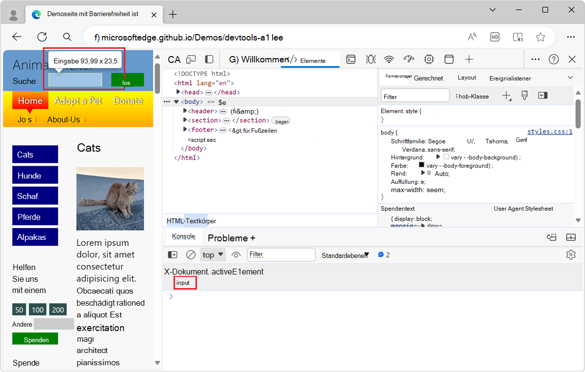 Das fokussierte Element, hervorgehoben auf der gerenderten Webseite