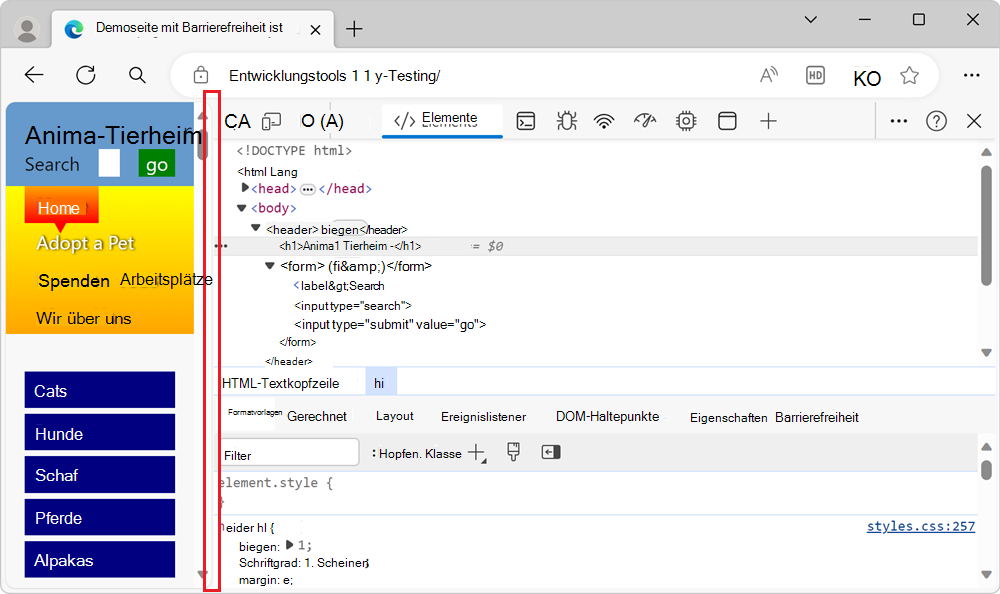 Das Browserfenster ist schmal