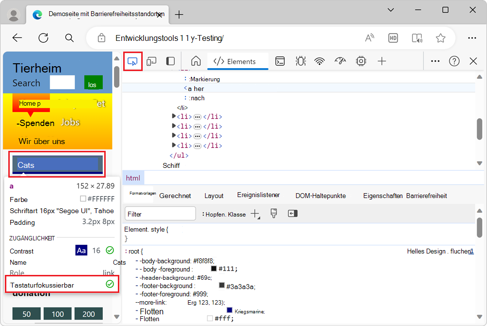Überlagerung des Inspect-Tools für das Linkelement