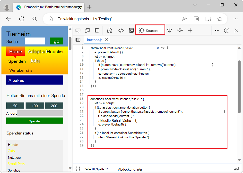 Der JavaScript-Code, der für die Funktionalität des Spendenformulars verantwortlich ist, wird im Quellentool angezeigt.
