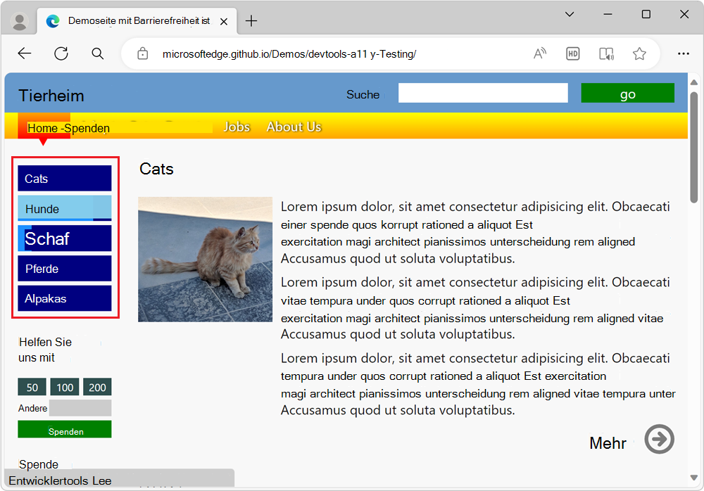 Das Menüelement mit unterschiedlichen Farben, wenn sich der Mauszeiger darüber befindet