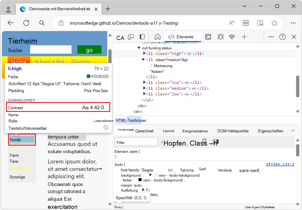 Ein Element, das nicht über genügend Kontrast verfügt, wird durch eine Warnung in der Inspect-Überlagerung gekennzeichnet.