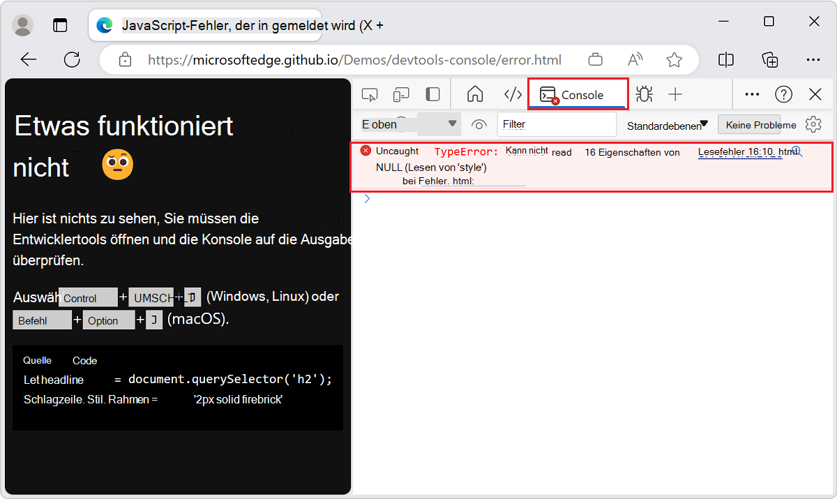 DevTools enthält ausführliche Informationen zum Fehler in der Konsole.