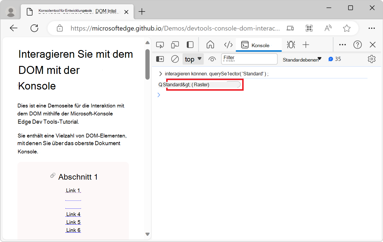 Das Konsolentool von DevTools mit dem Document.querySelector-Ausdruck und dem resultierenden Hauptelement
