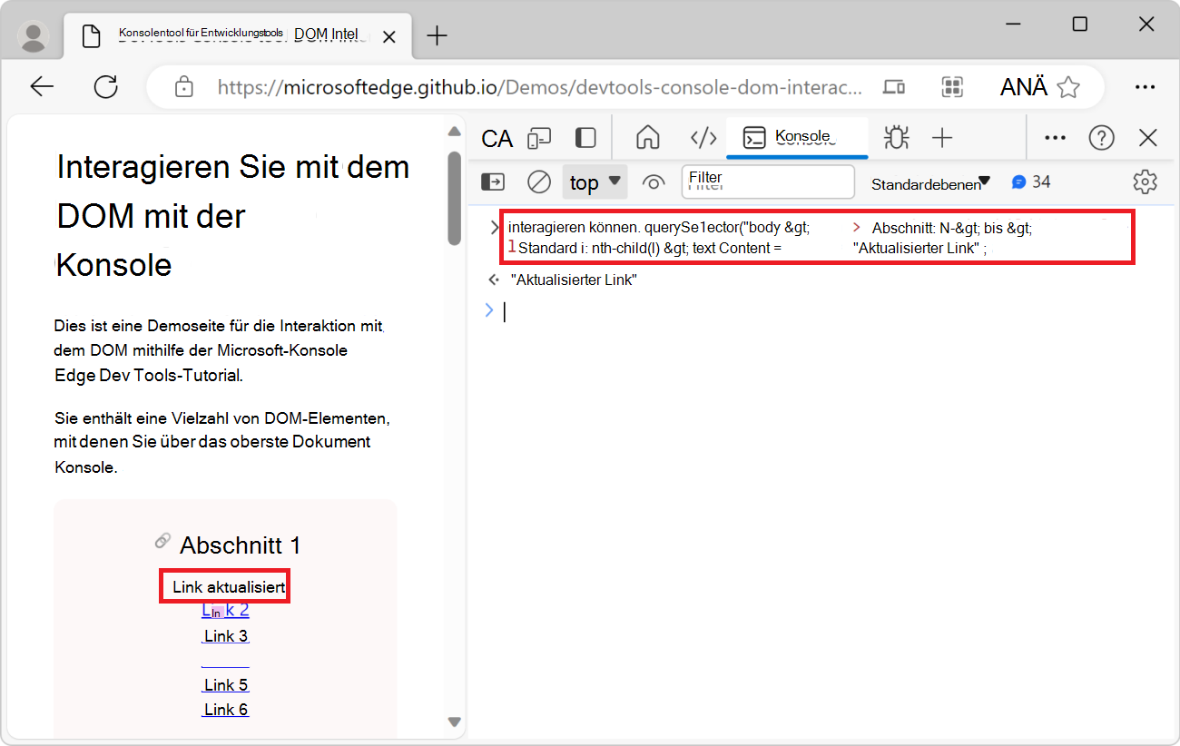 Das Konsolentool mit dem JS-Pfad und textContent-Ausdruck sowie der Webseite, auf der der aktualisierte Linktext angezeigt wird