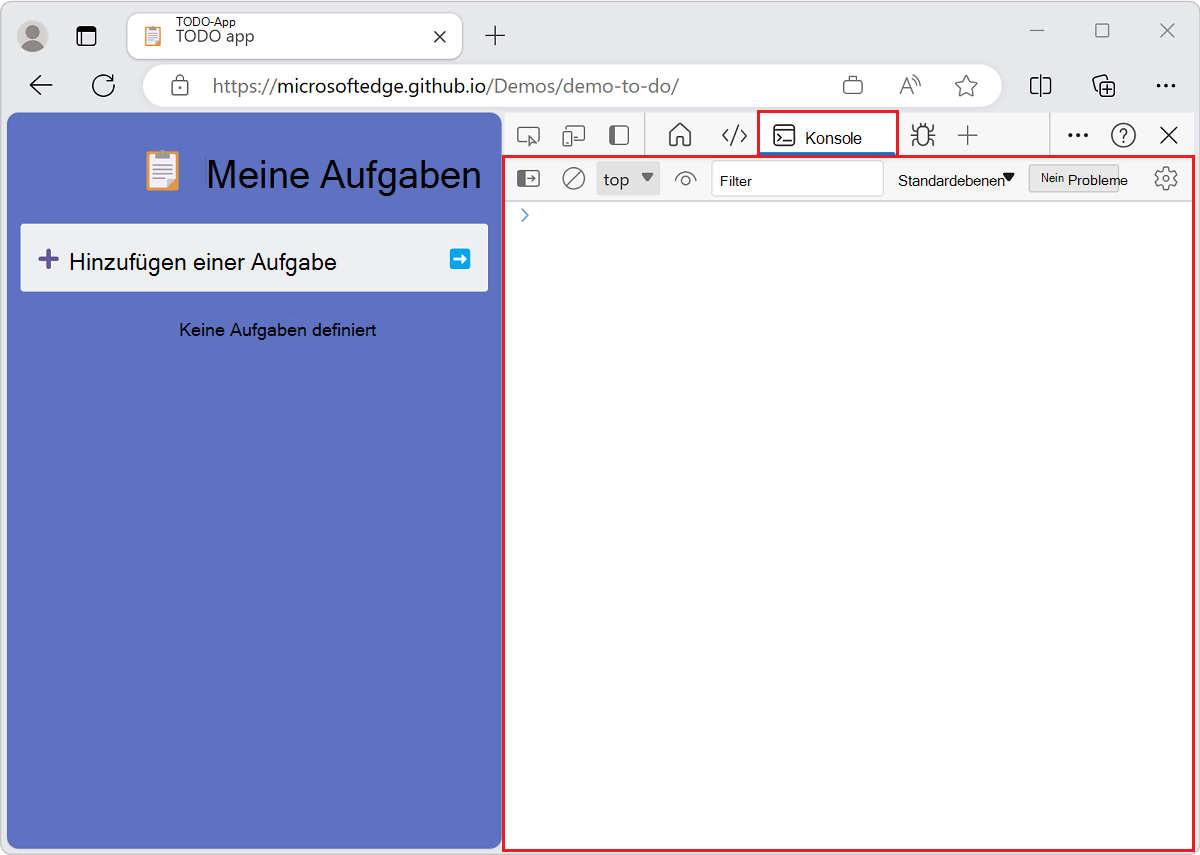 Das Konsolentool, das im oberen Bereich geöffnet wird