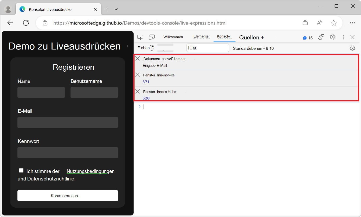 Das Konsolentool in DevTools mit drei Liveausdrücken: document.activeElement, window.innerWidth und window.innerHeight
