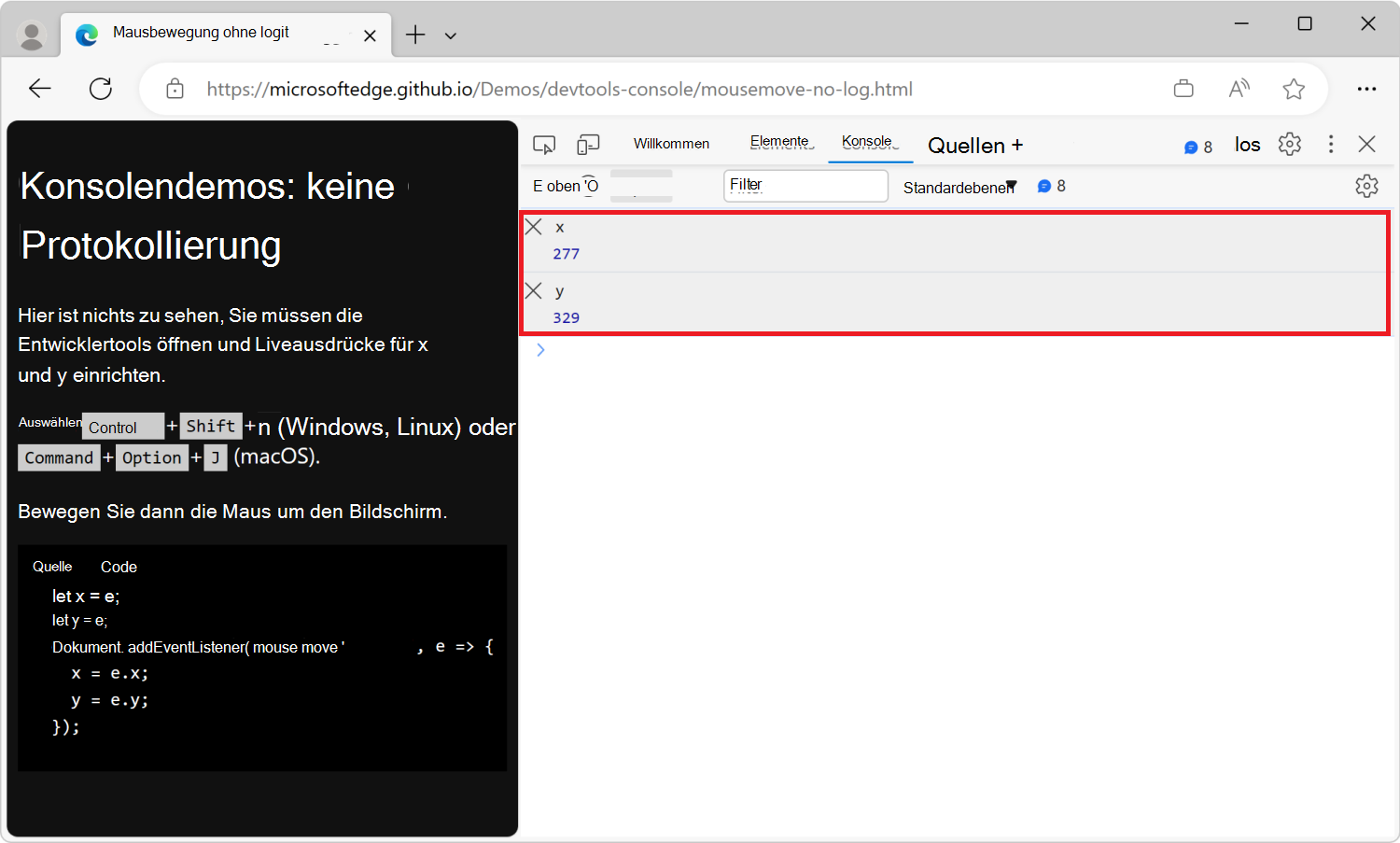 Das Konsolentool mit den Liveausdrücken x und y zeigt die Koordinaten der Maus auf der gerenderten Webseite an.