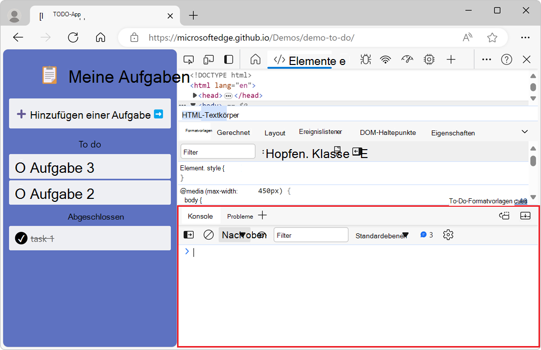 Das Konsolentool in der Symbolleiste 