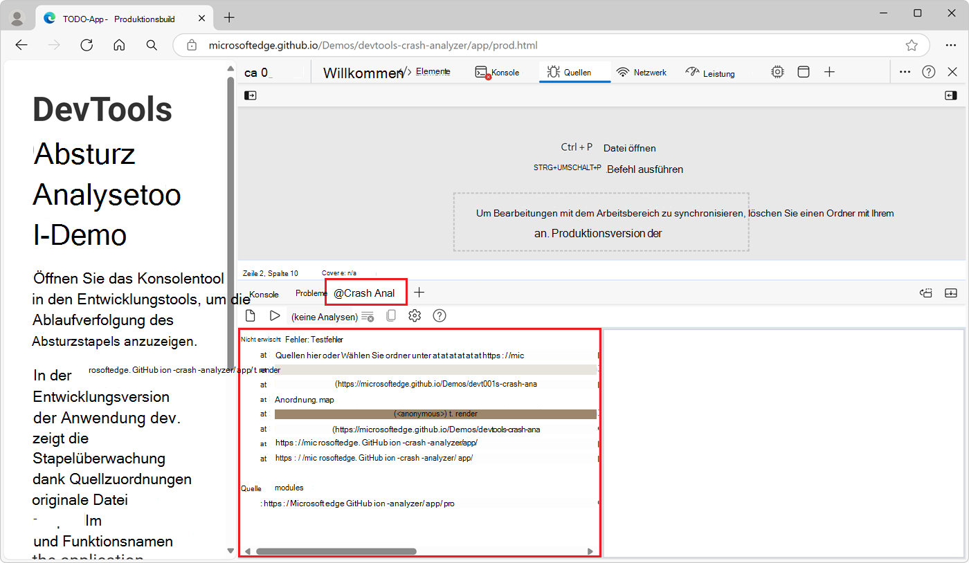 Das Absturzanalysetool mit der erweiterten Aufrufliste, die im linken Bereich eingefügt wurde