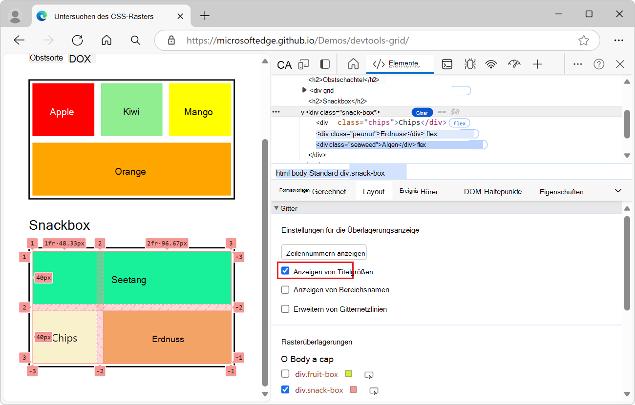 Anzeigen von Titelgrößen