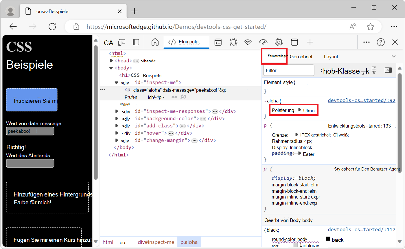 Auf das überprüfte Element angewendete CSS-Klasse wird im Bereich Formatvorlagen hervorgehoben