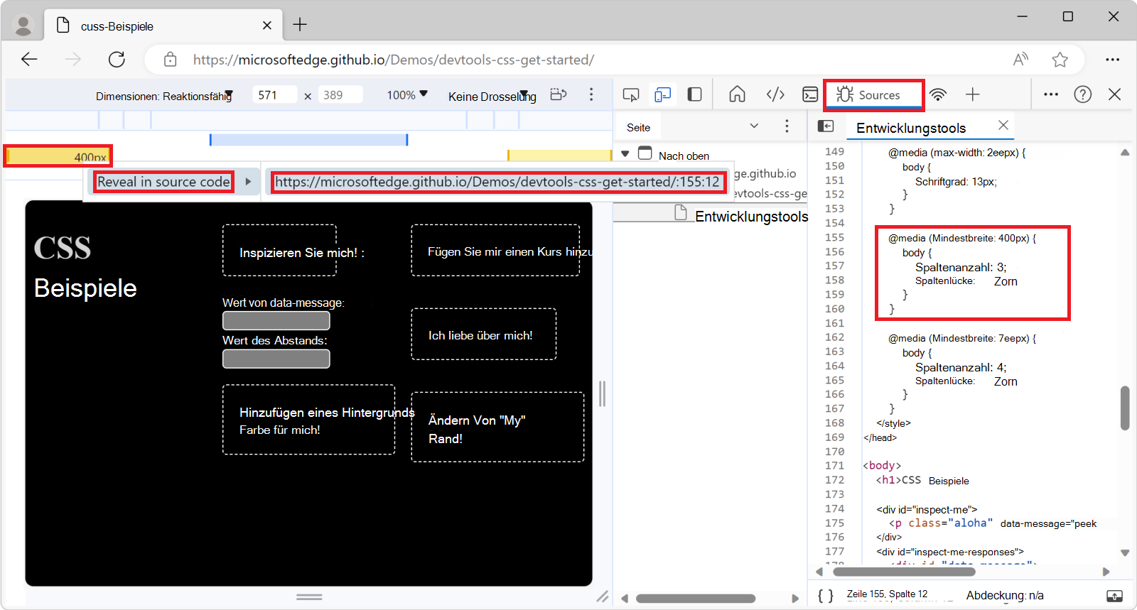 Anzeigen von Medienabfragen im Editor im Quellentool