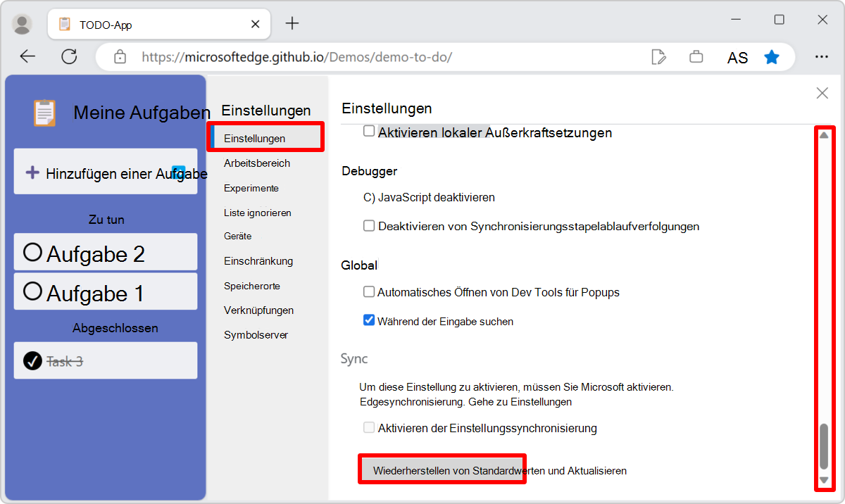 Wiederherstellen von Standardeinstellungen
