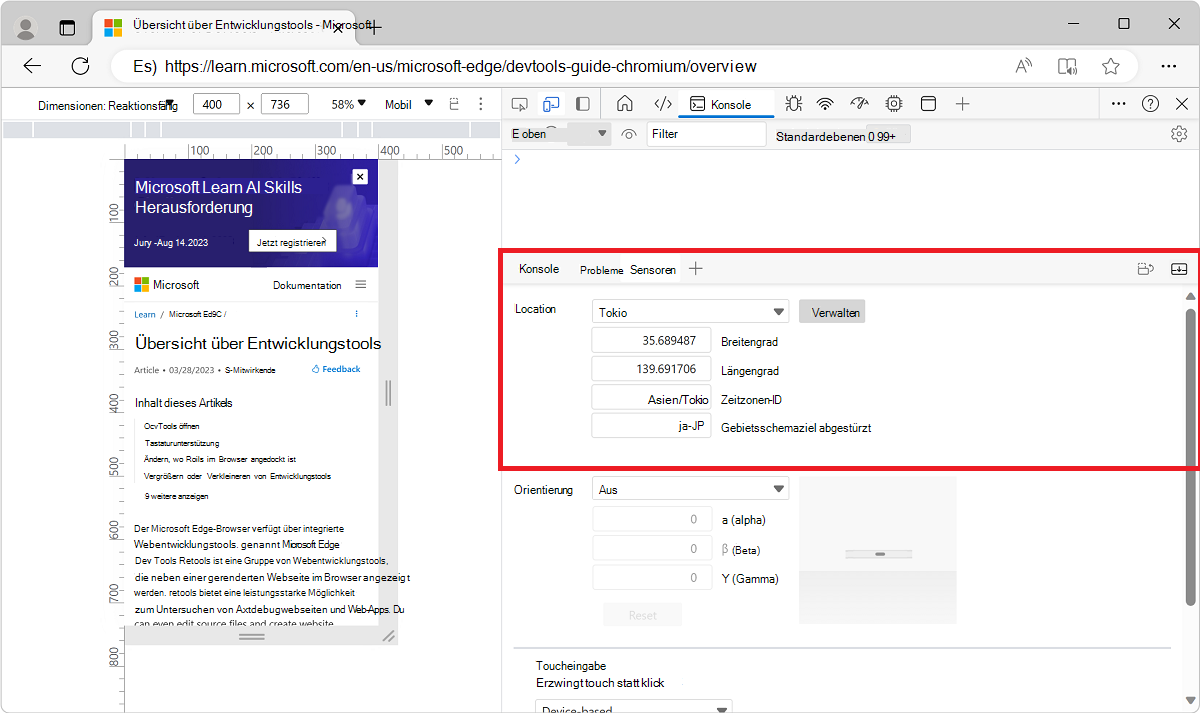 Sensortool mit ausgewählter voreingestellter Position