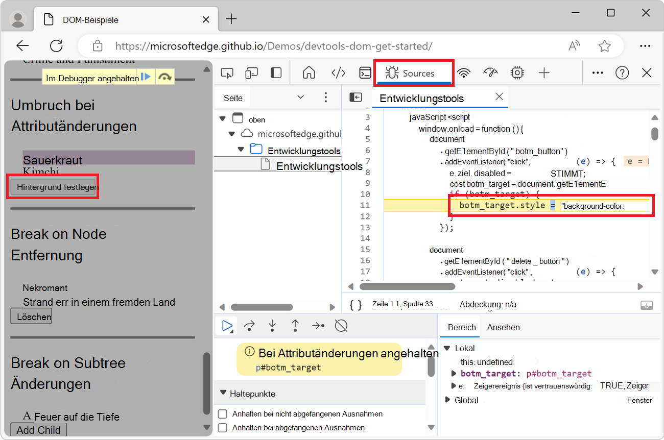 Das Quellentool mit der Codezeile, die die Änderung des Attributs verursacht hat