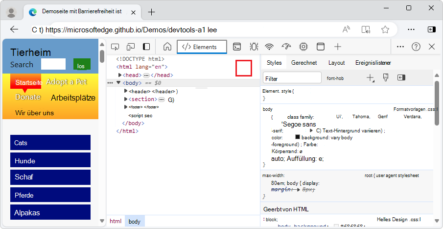 Das Elementtool ohne die Schaltfläche 
