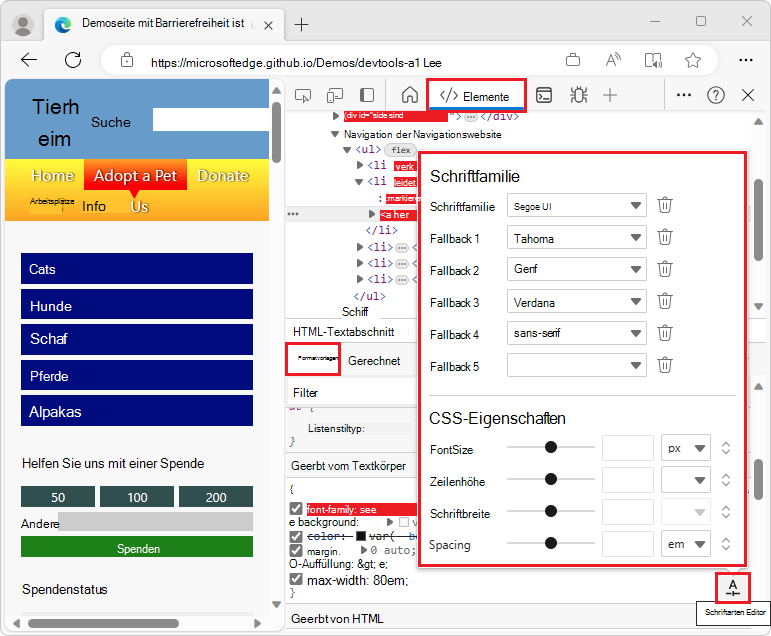 Der Visuelle Schriftart-Editor-Bereich ist hervorgehoben.