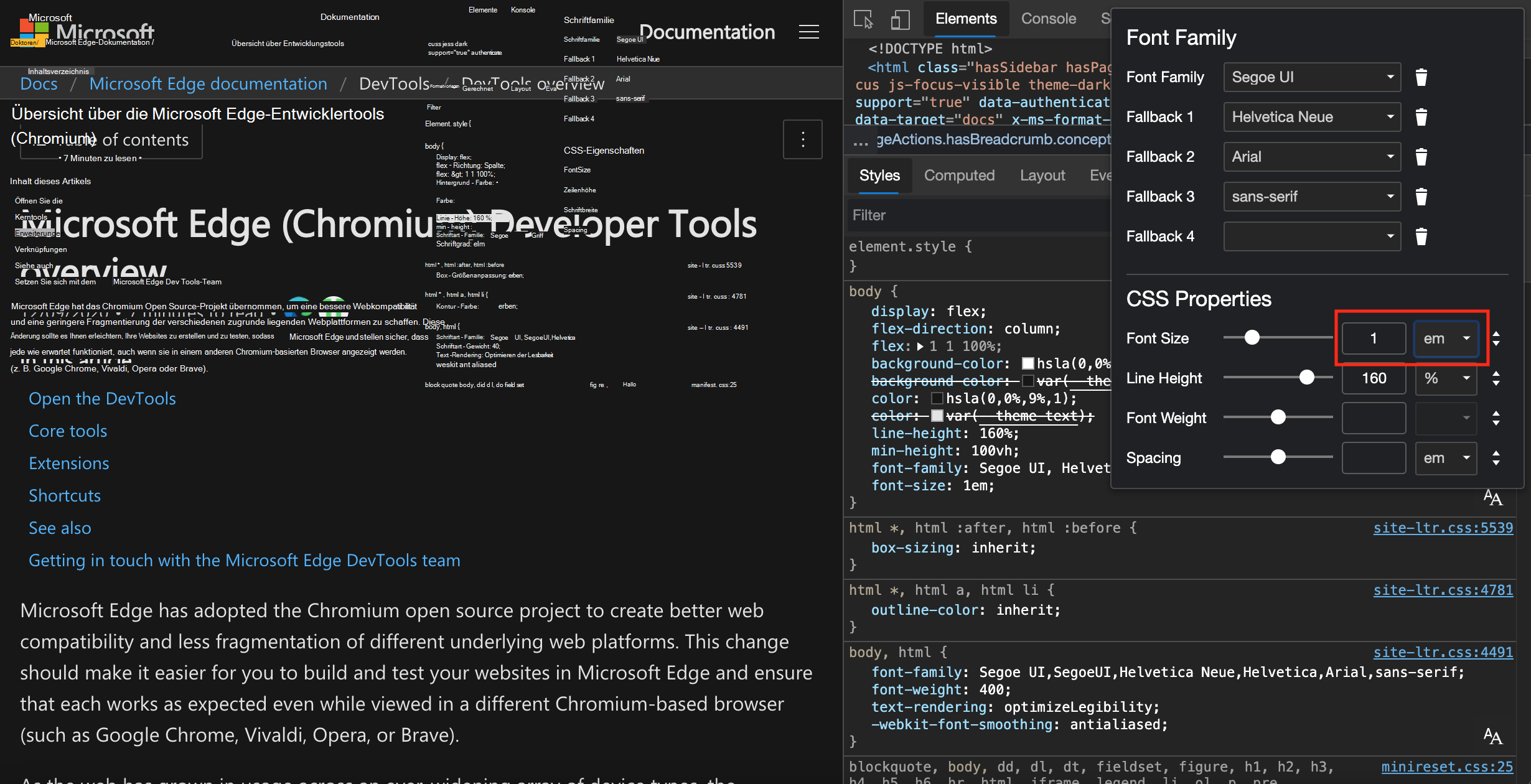 Öffnen der Dropdownliste für Einheiten zum Konvertieren in em