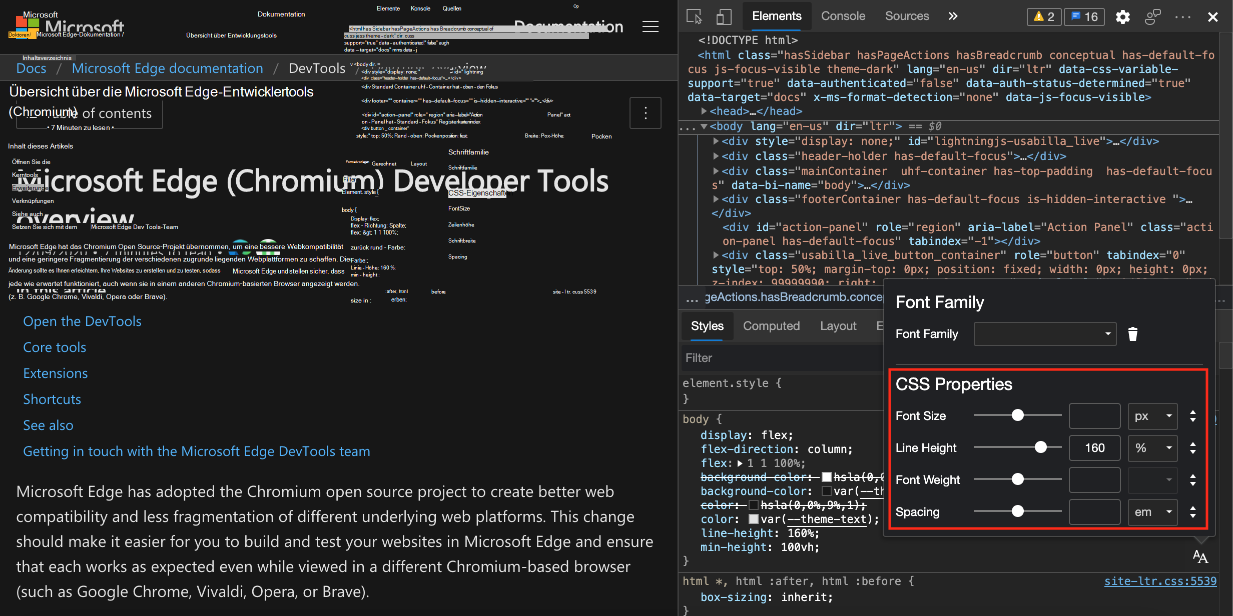 Der Schriftarten-Editor wird oben im Bereich Formatvorlagen geöffnet, wobei die CSS-Eigenschaften hervorgehoben sind.
