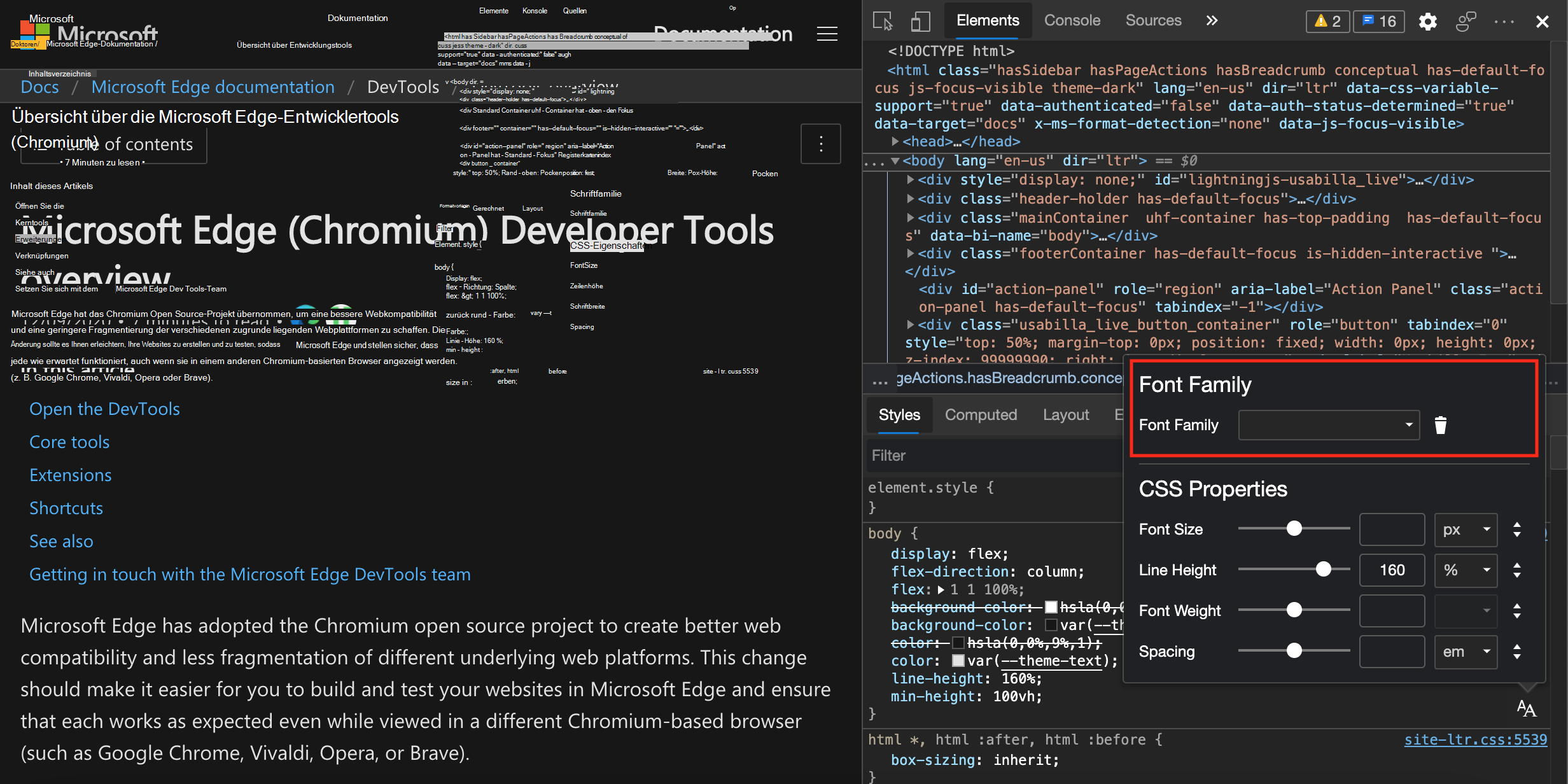 Der Schriftarten-Editor wird oben im Bereich Formatvorlagen mit hervorgehobenem Selektor 