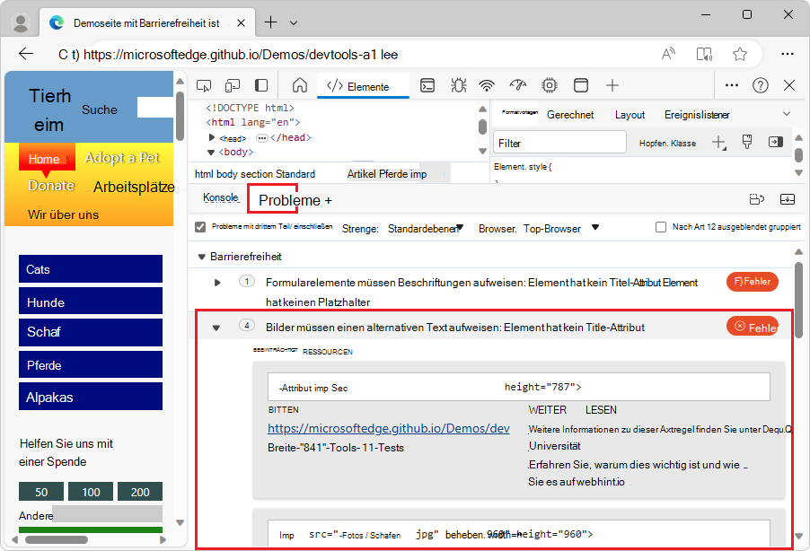 Ein Problem, das im Problemtool erweitert wurde und zusätzliche Informationen zum Beheben des Problems anzeigt