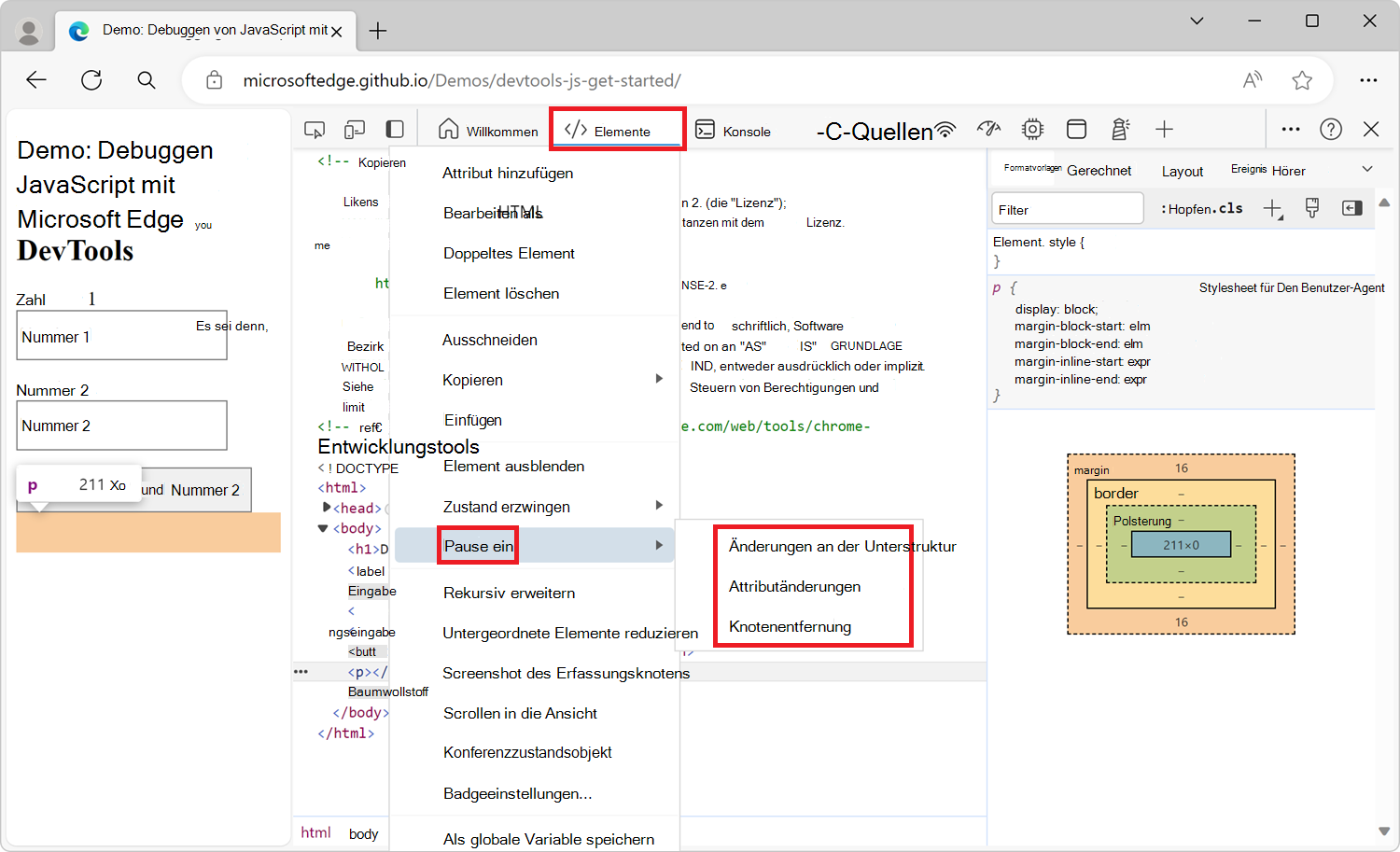 Das Kontextmenü zum Erstellen eines DOM-Änderungshaltepunkts