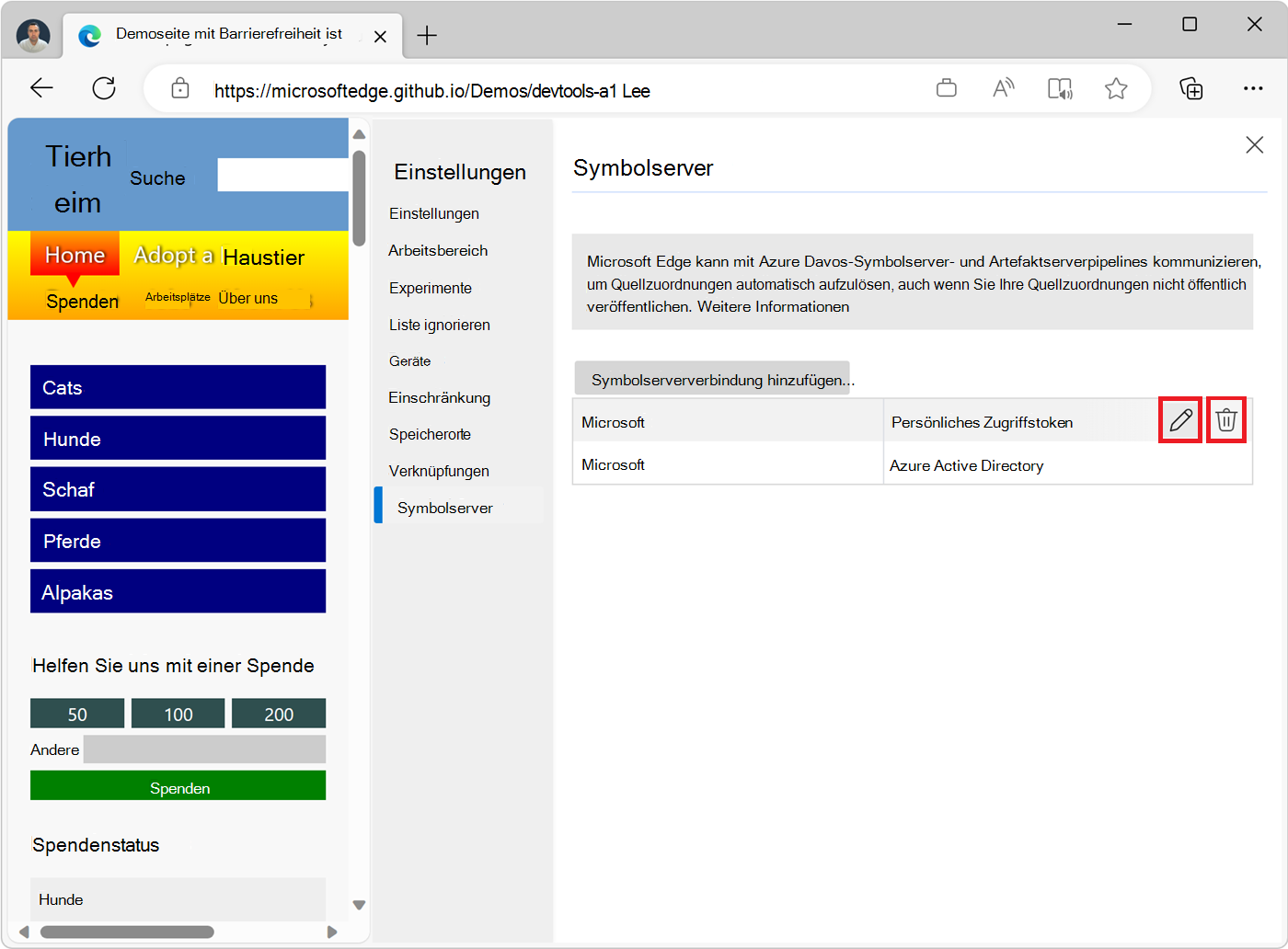 Die Schaltflächen zum Entfernen und Bearbeiten eines Verbindungselements auf der Seite Symbolservereinstellungen