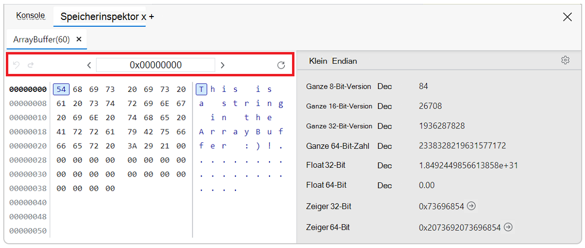 Speicherinspektorbereich Navigationsleiste