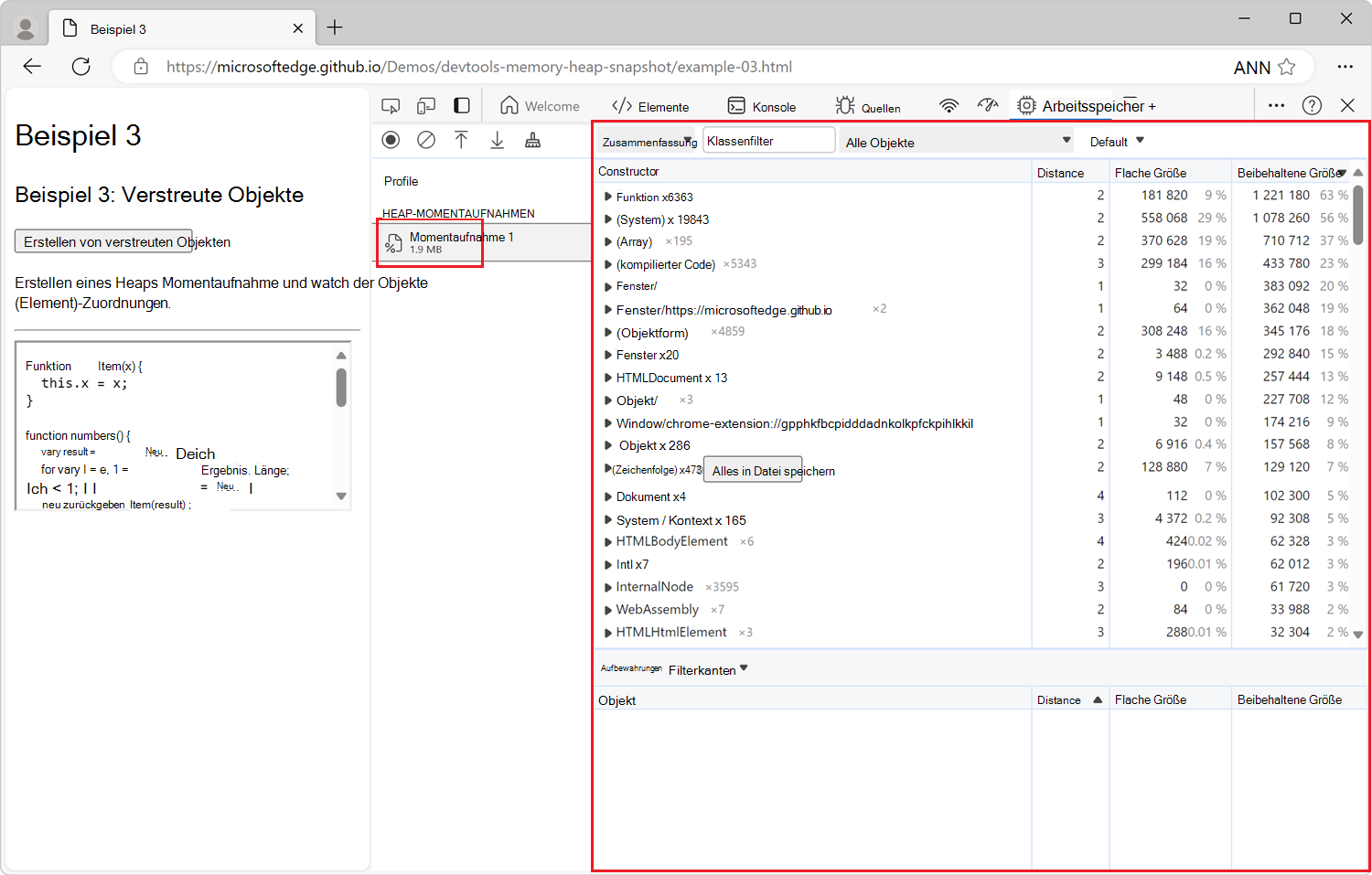 Gesamtgröße der erreichbaren Objekte