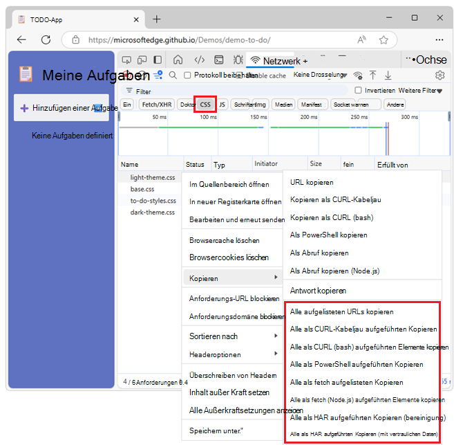Kopieroptionen für einen gefilterten Satz von Anforderungen